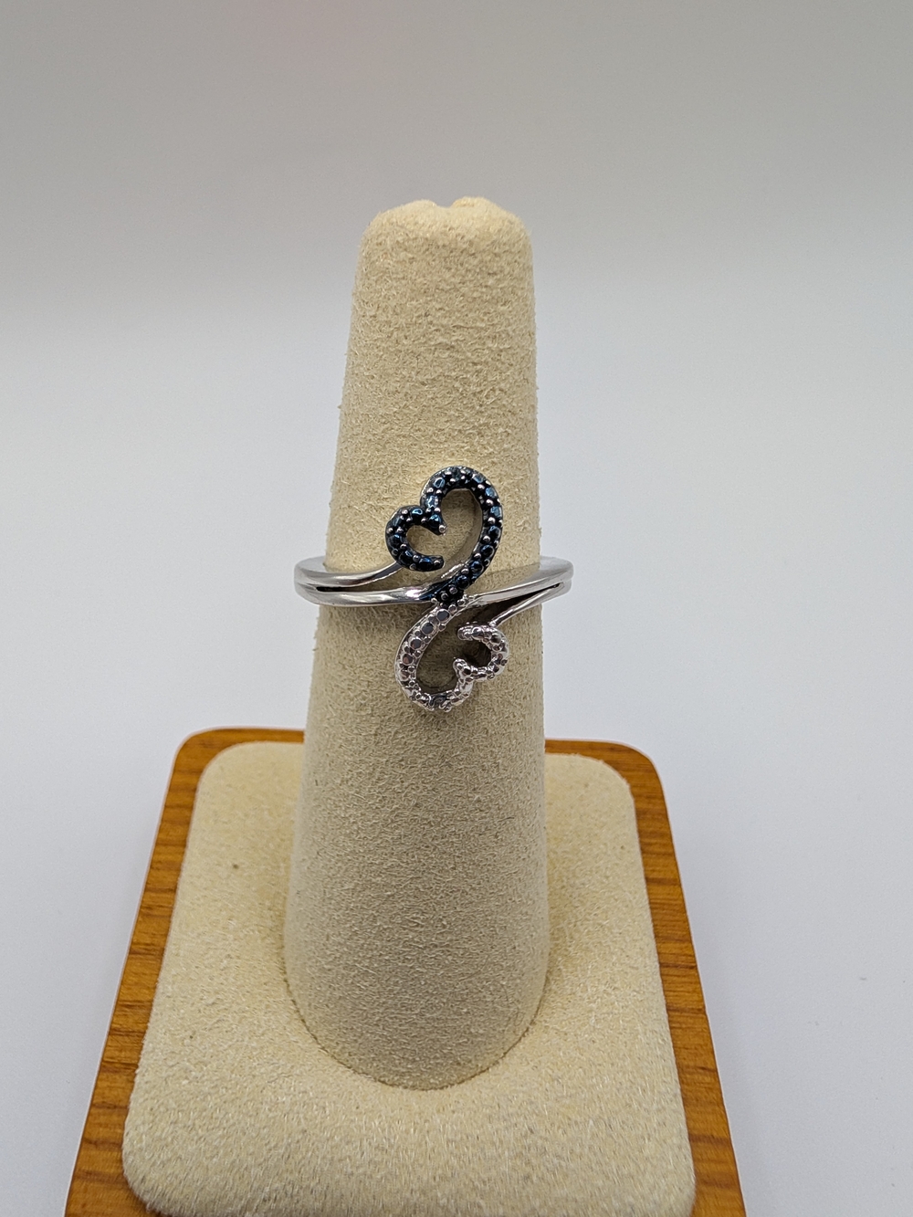 Kay Jewelers Sterling Silver Blue & White Diamond Double Heart Ring Size 5.5